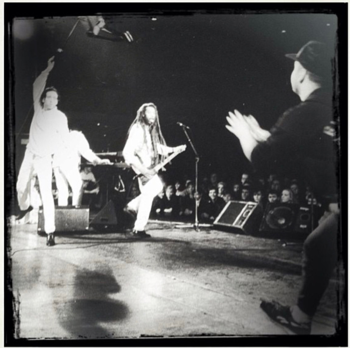 Black and white backstage photograph
